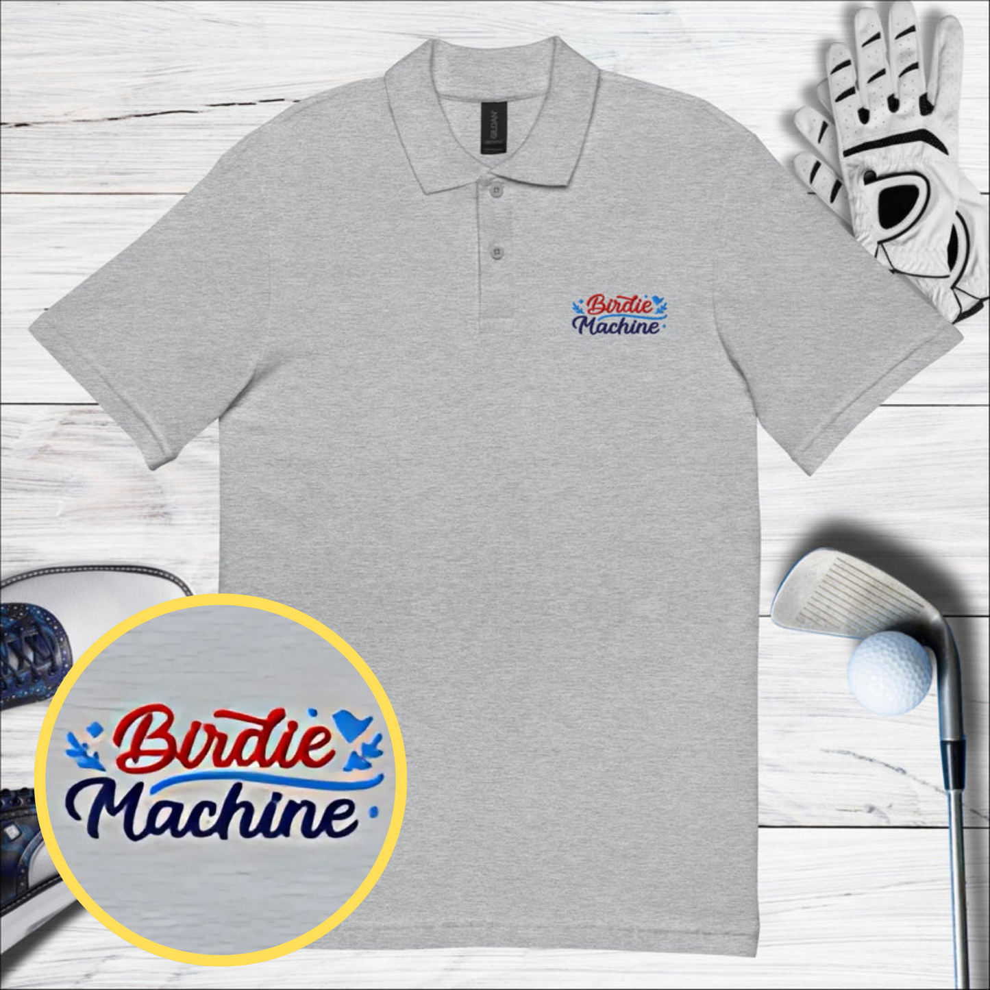 Birdie Machine Embroidered Golf Pique Polo Shirt