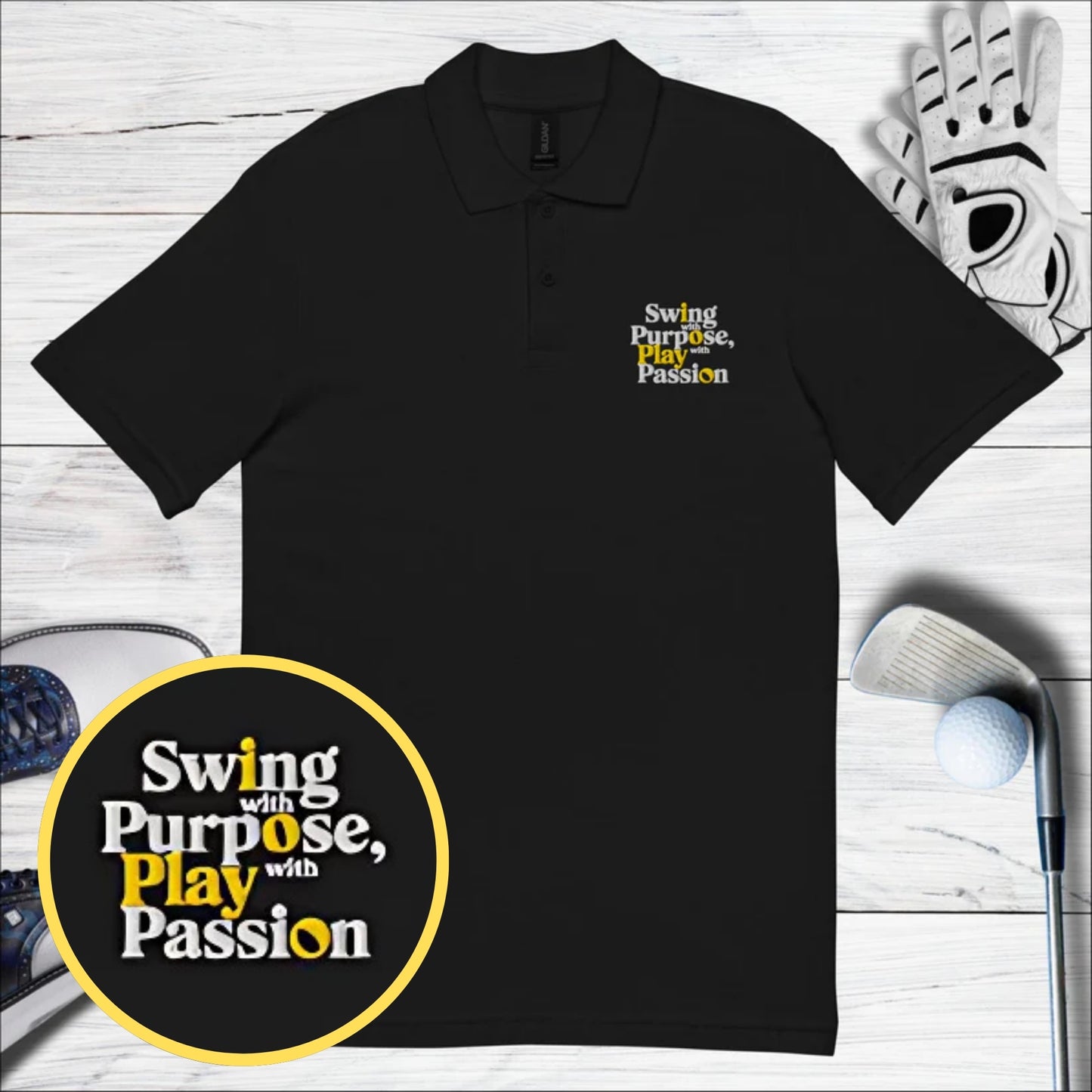 Swing with Purpose Play with Passion Embroidered Golf Pique Polo Shirt